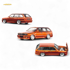 Three views of an orange car on a white background