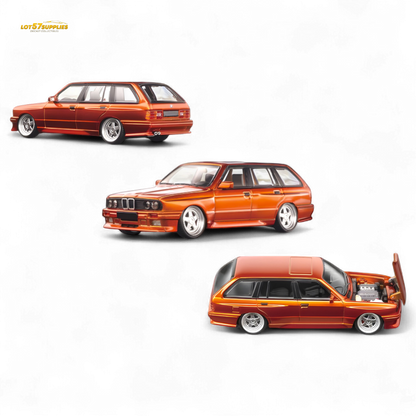 Three views of an orange car on a white background