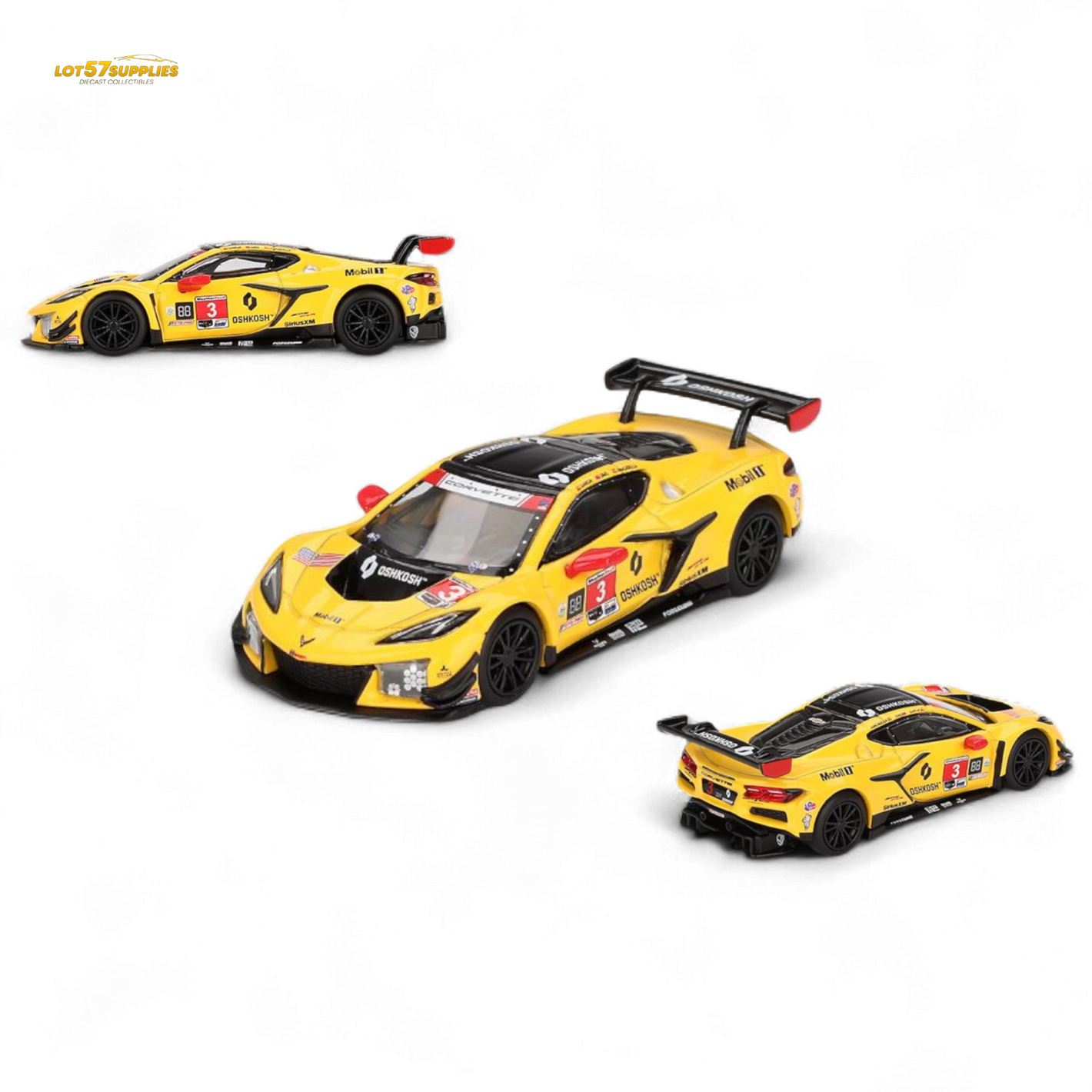 Three yellow race cars with black details on a white background