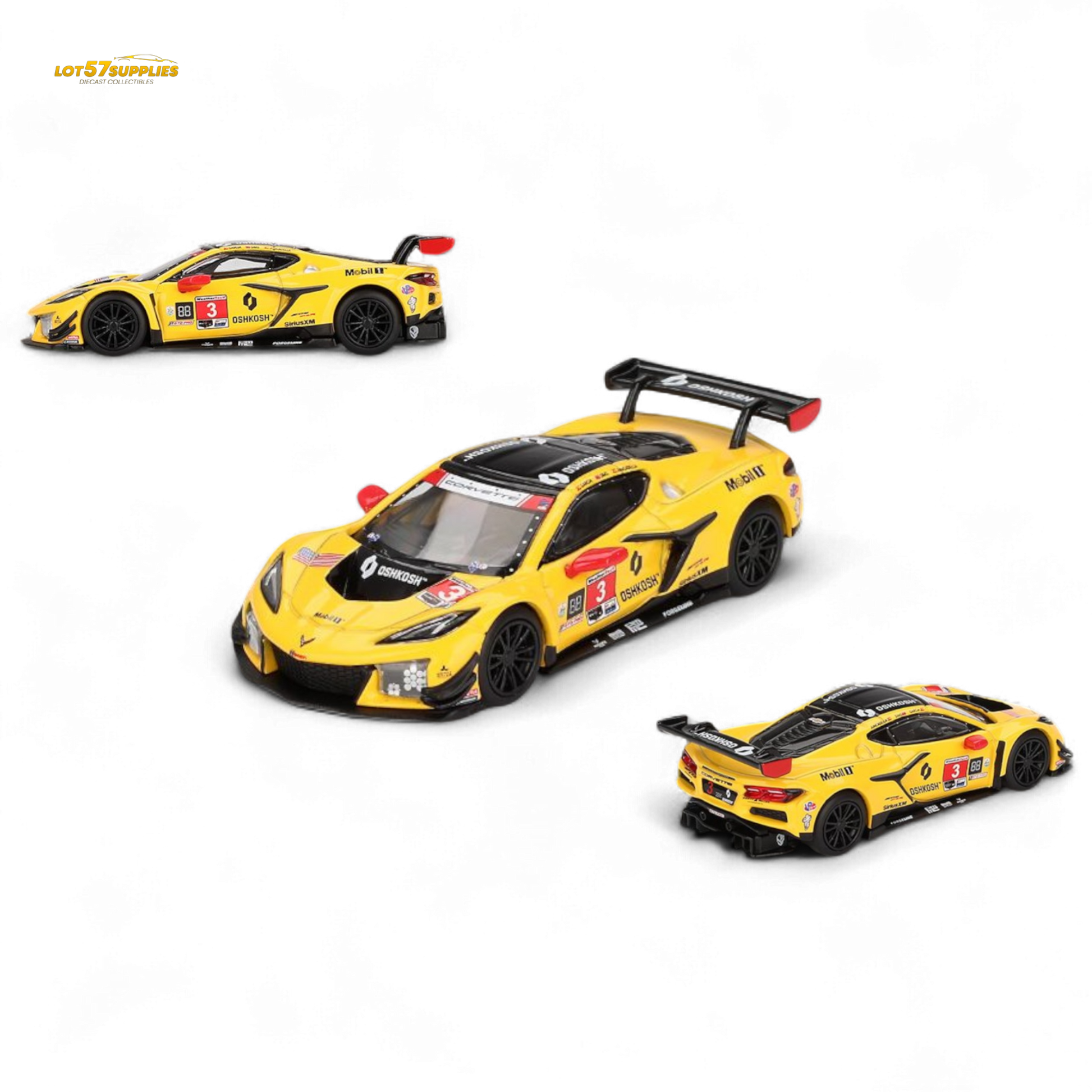 Three yellow race cars with black details on a white background
