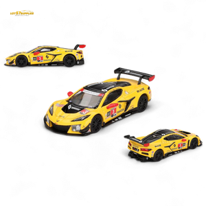 Three yellow race cars with black details on a white background