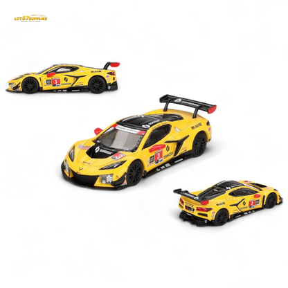 Three yellow race cars with black details on a white background