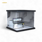 Clear display case with electronic components on a white background