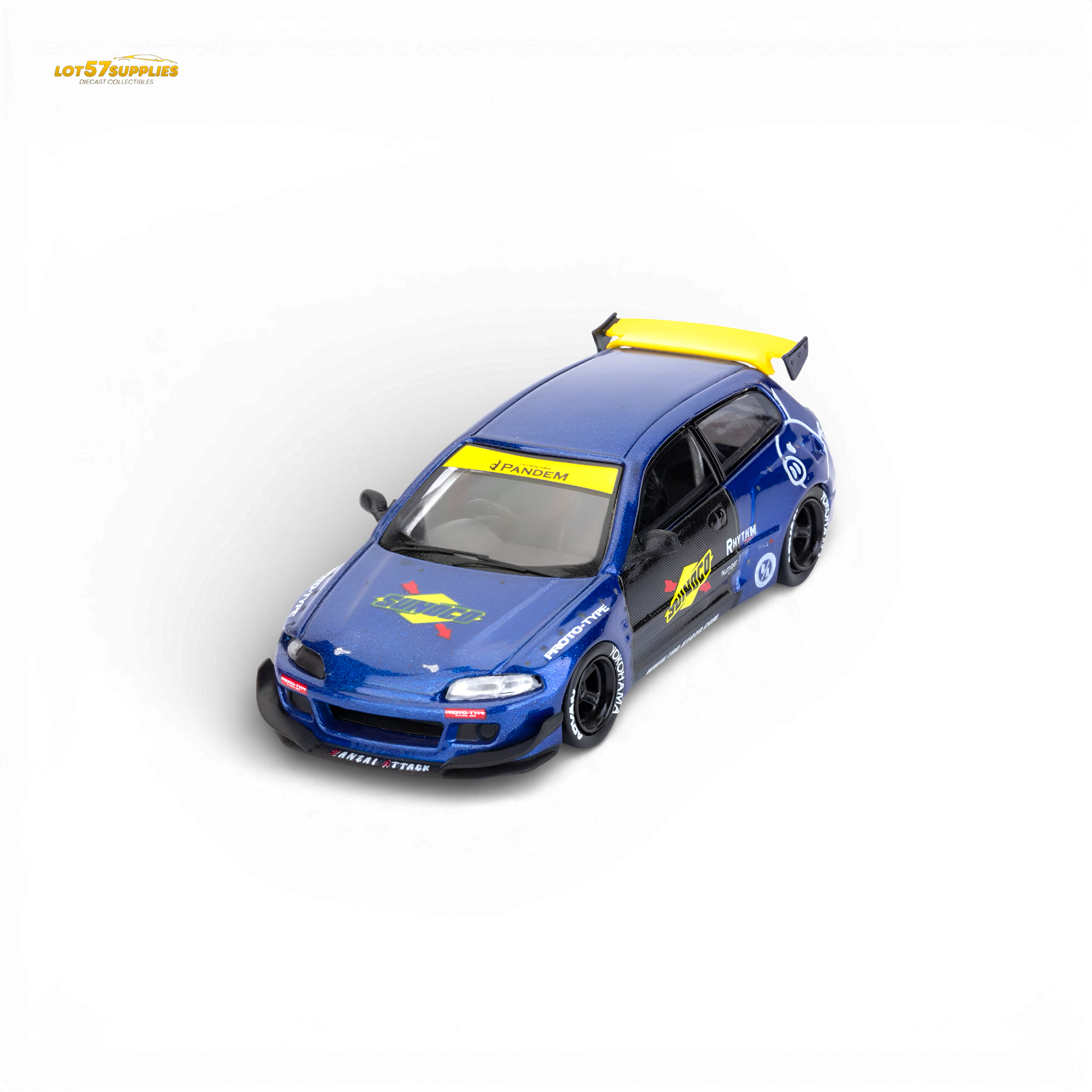 ET Model Honda Civic EG6 Rocket Bunny Sunoco 1:64 Scale Diecast Model Front Quarter High Angle