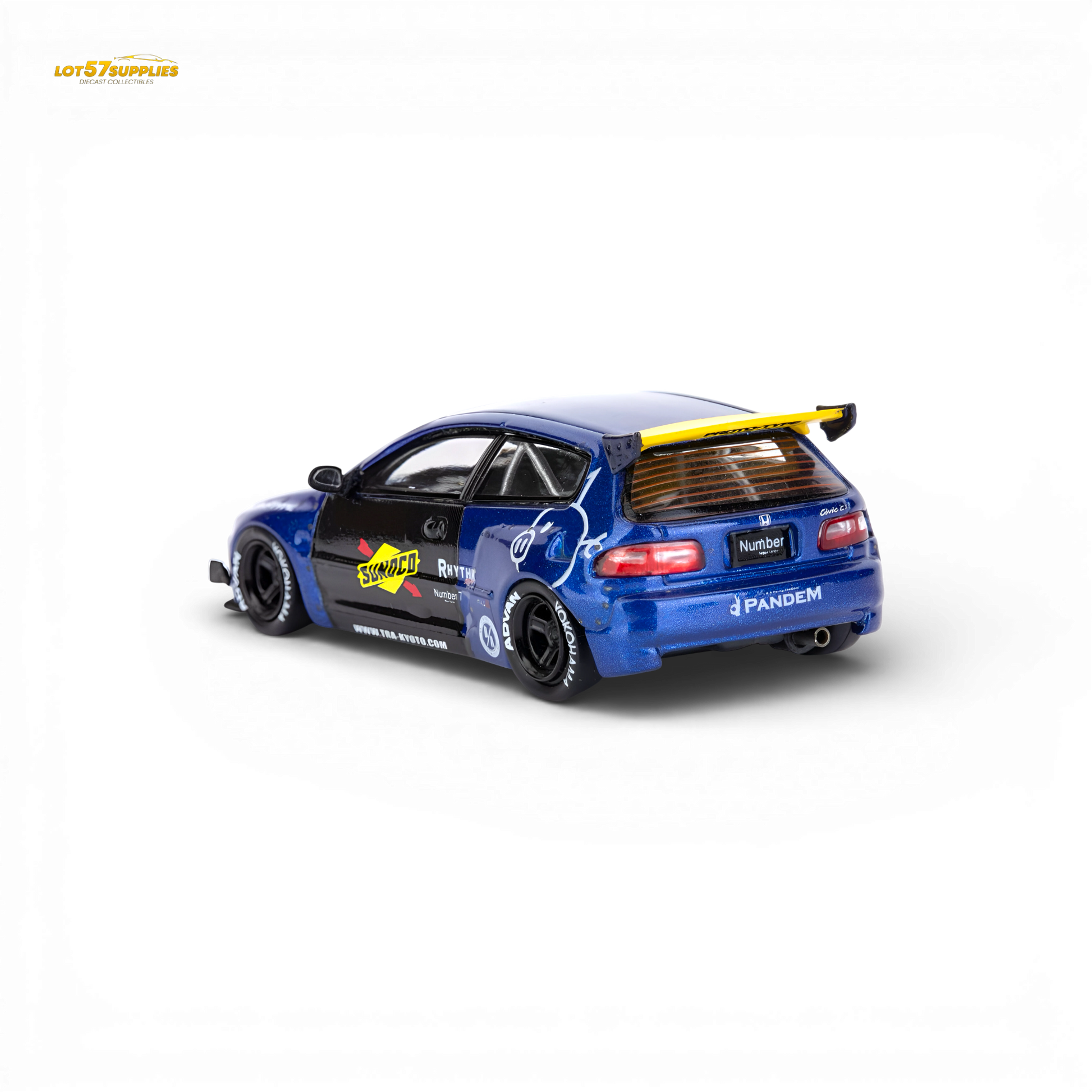 ET Model Honda Civic EG6 Rocket Bunny Sunoco 1:64 Scale Diecast Model Rear Quarter Low Angle