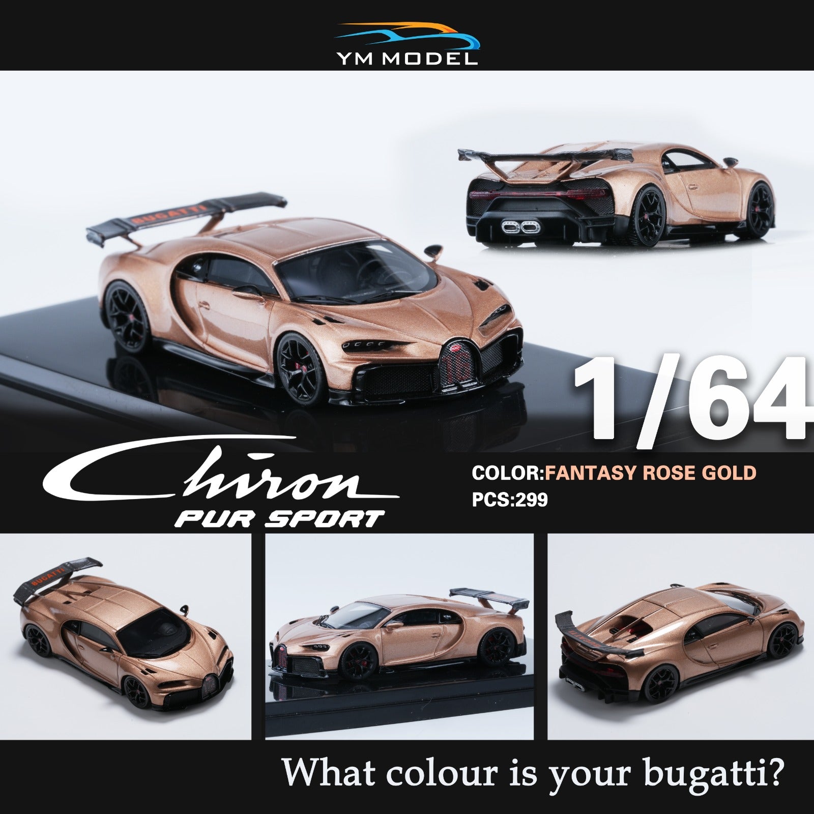 YM Model Bugatti Chiron PUR SPORT in Fantasy Rose Gold Limited to 299 Pcs 1:64