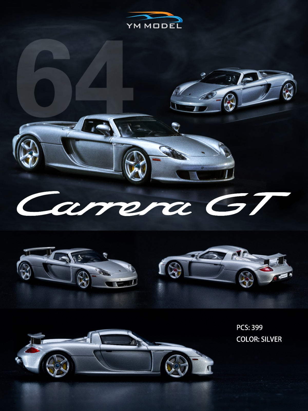 YM Model Porsche Carrera GT in Classic GT Silver Resin Model Limited to 399 Pcs 1:64