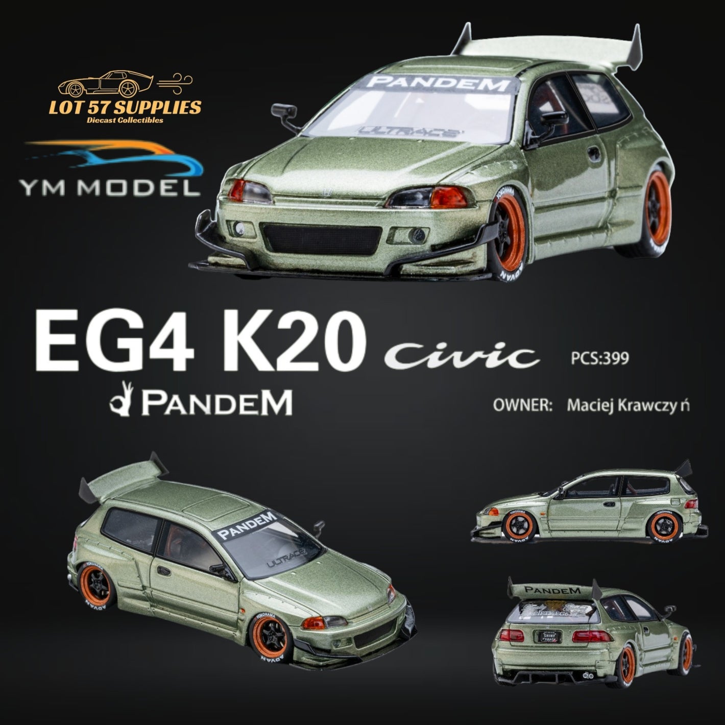 YM Model Honda Civic Pandem EG4 K20 Modified Bronze Green 1:64 Limited to 399 PCS