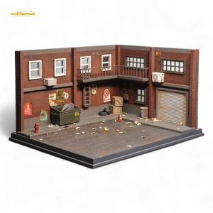 Model of a detailed building with a garage and various elements on a white background