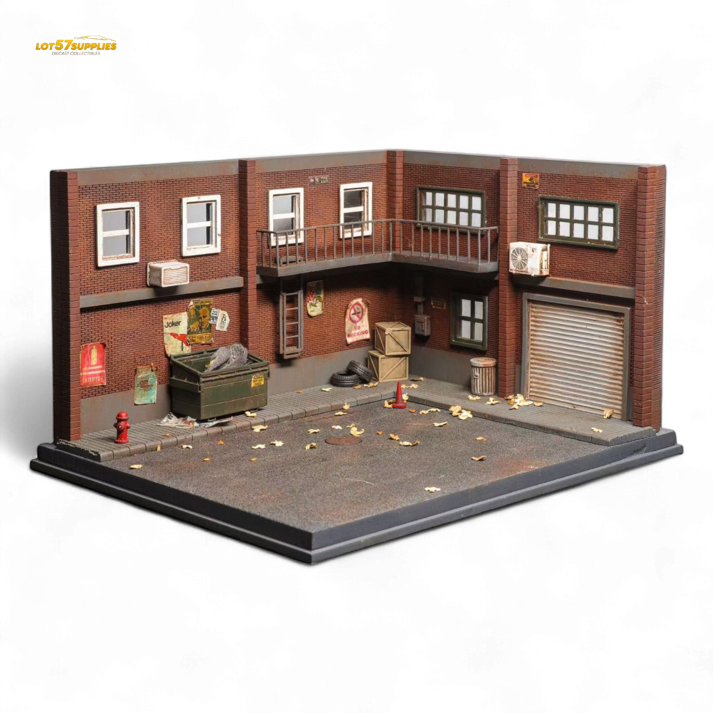 Model of a detailed building with a garage and various elements on a white background