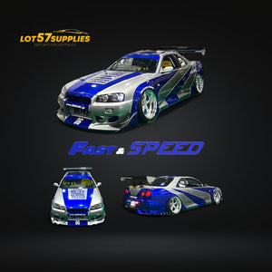(Pre-Order) Fast Speed Skyline R34 GT-R 5th Generation BNR34 Silver Blue Strips 1:64