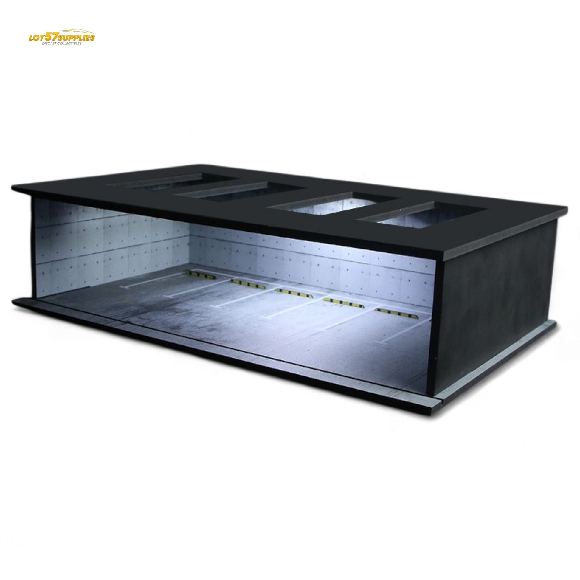 Black display case with transparent front on a white background