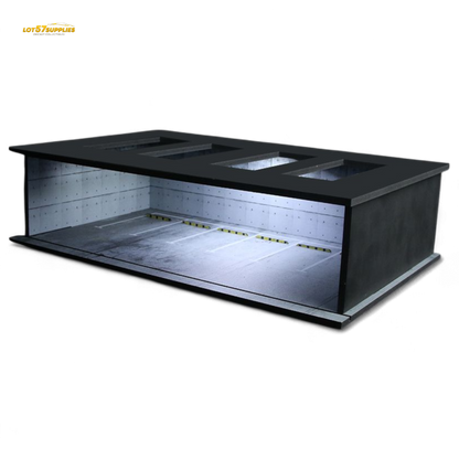 Black display case with transparent front on a white background