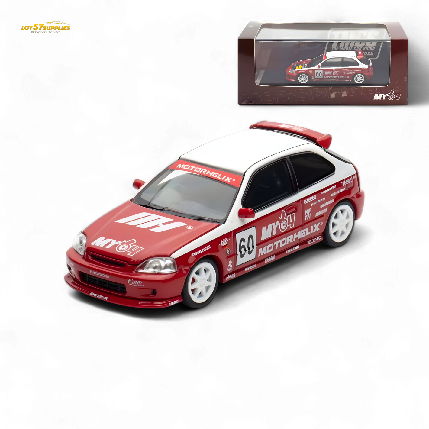 Red and white model car with racing decals on a white background