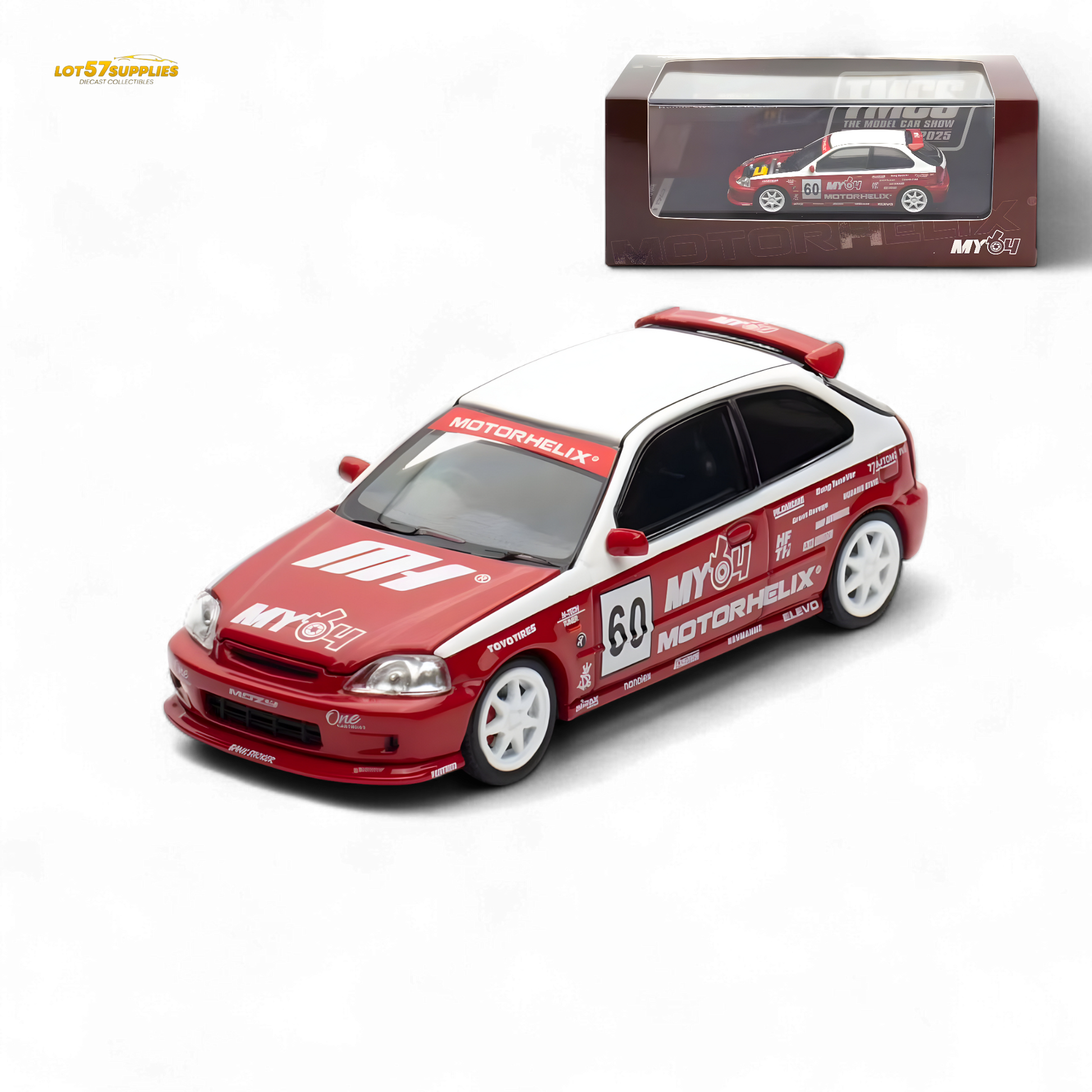 Red and white model car with racing decals on a white background
