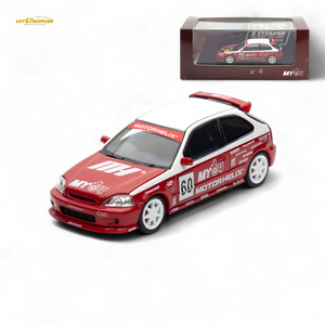 Red and white model car with racing decals on a white background