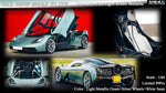 Collage of a model car with different angles and features, including a red background.