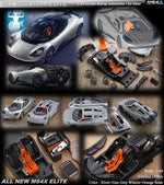 Collage of a model car set with various parts and assembly stages, featuring the M64X Elite brand.