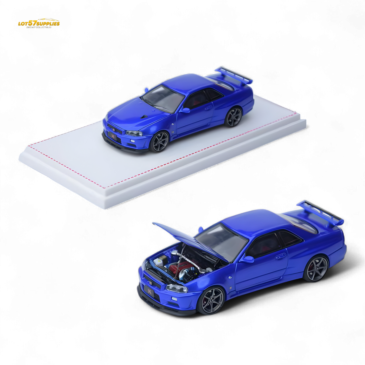 Blue model car on a white platform with a clear background
