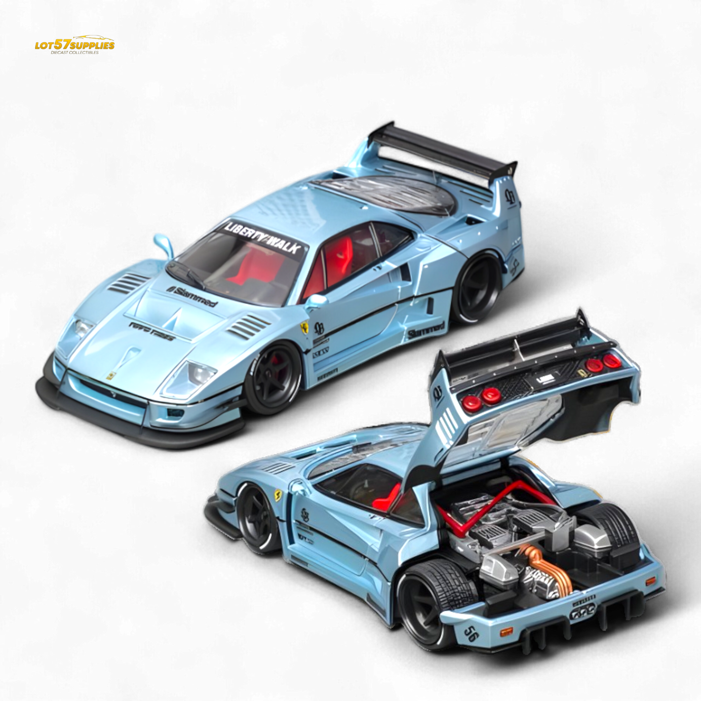 Model car with open hood on a white background