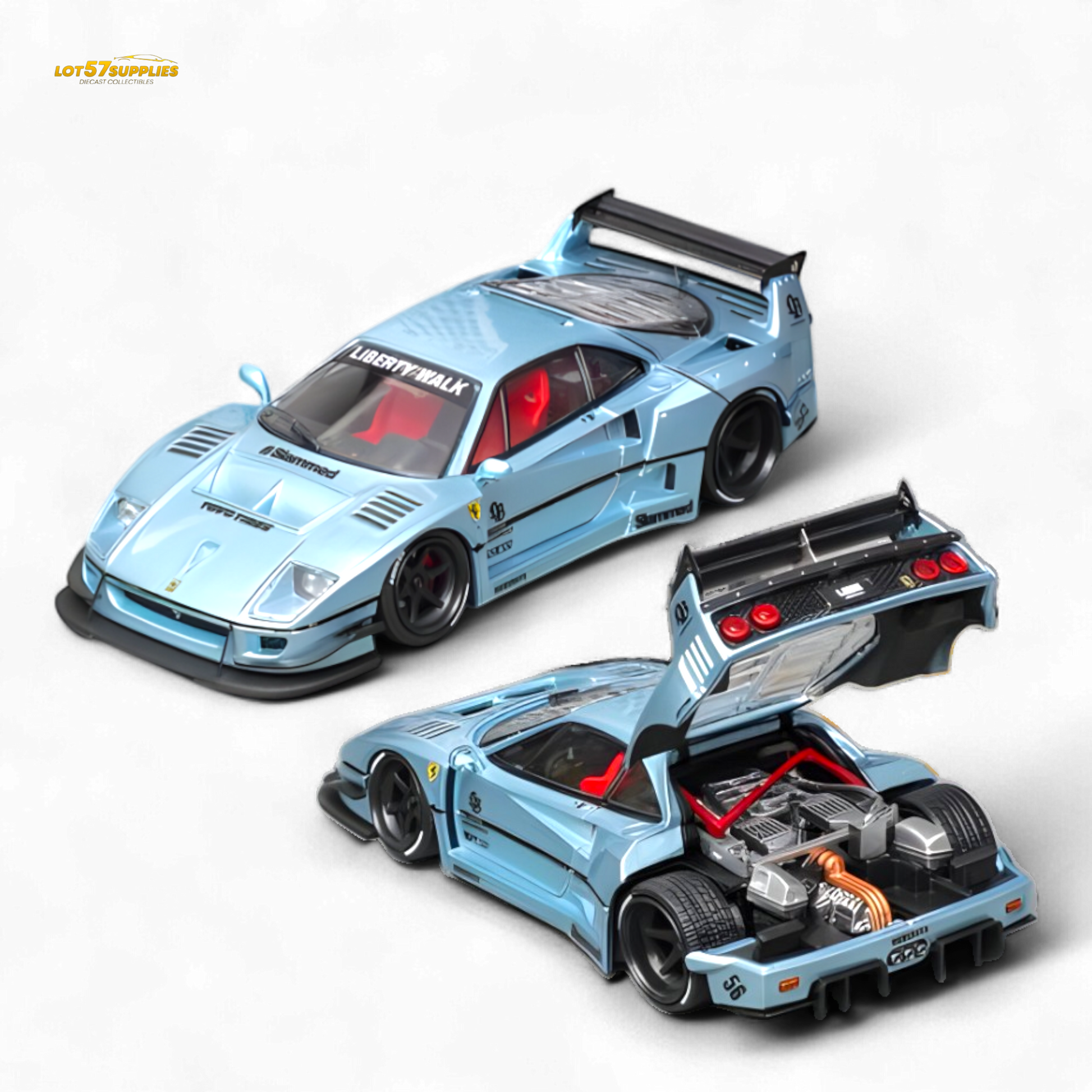 Model car with open hood on a white background