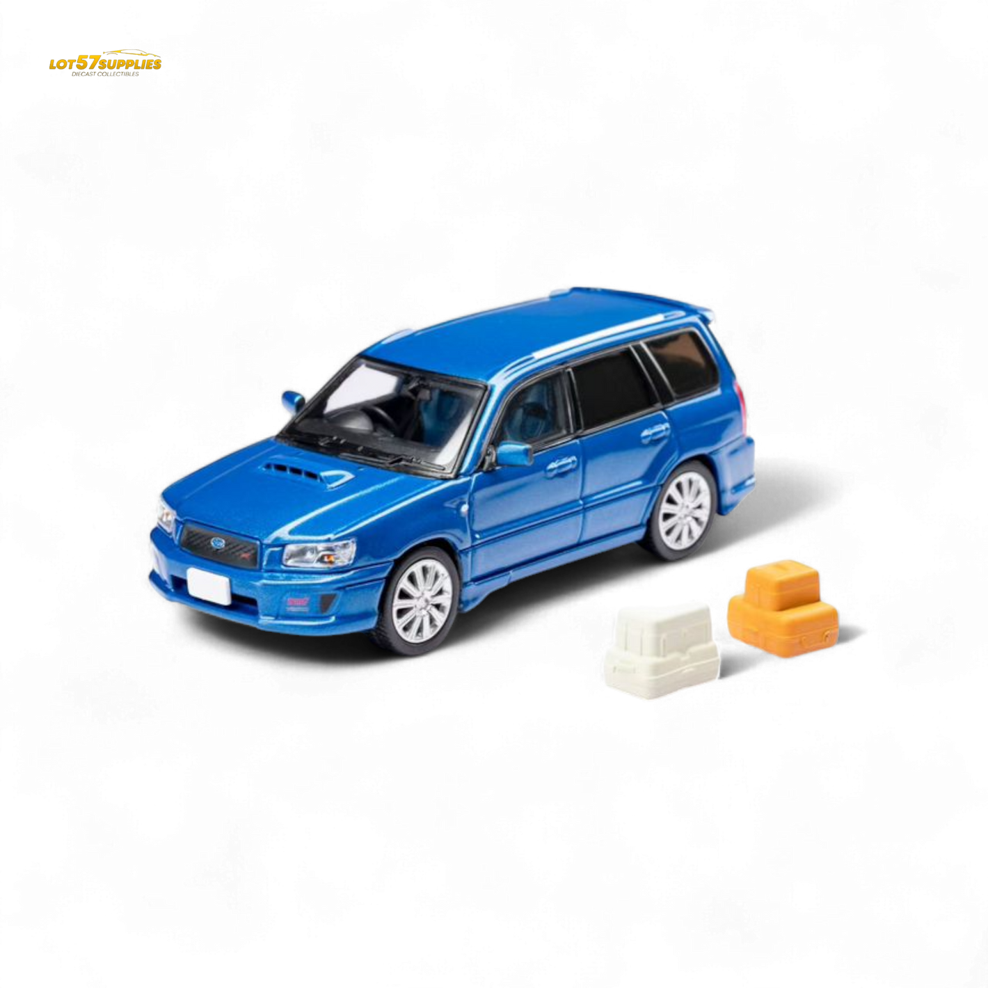 Blue toy car with small boxes on a white background