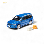 Blue toy car with small boxes on a white background