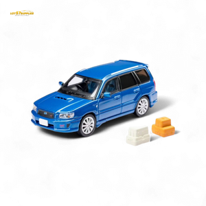 Blue toy car with small boxes on a white background