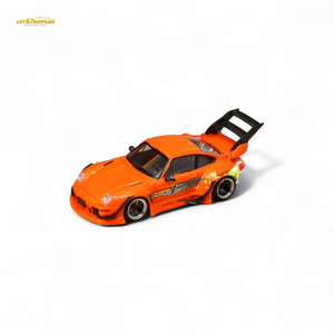 Orange model car with black accents on a white background