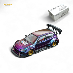 Colorful model car with gold wheels on a white background