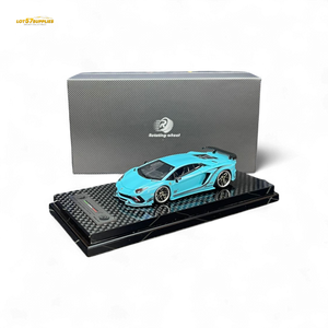 Blue model car on a black stand with a gray box in the background