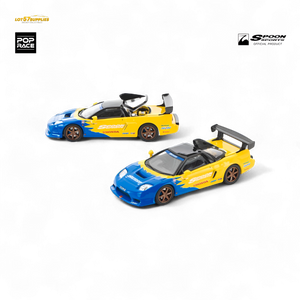 Two toy cars, one blue and yellow, the other yellow and blue, on a white background with branding logos.