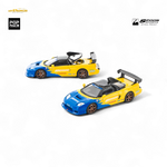 Two toy cars, one blue and yellow, the other yellow and blue, on a white background with branding logos.
