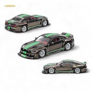 (Pre-Order) Liberty 64 Mustang Lowered Widebody Kit - Chrome Gun Grey + Fluorescent Green Stripes 1:64