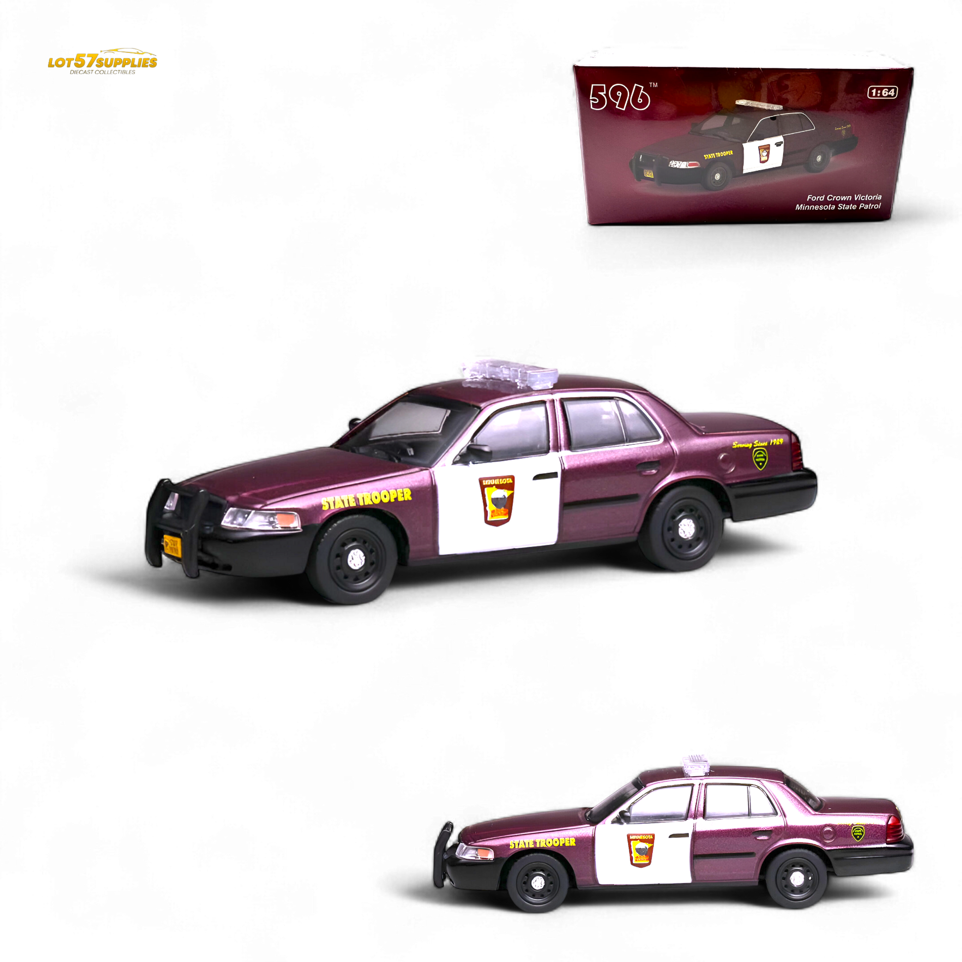 Model police car with 'State Trooper' text and a packaging box in the background.