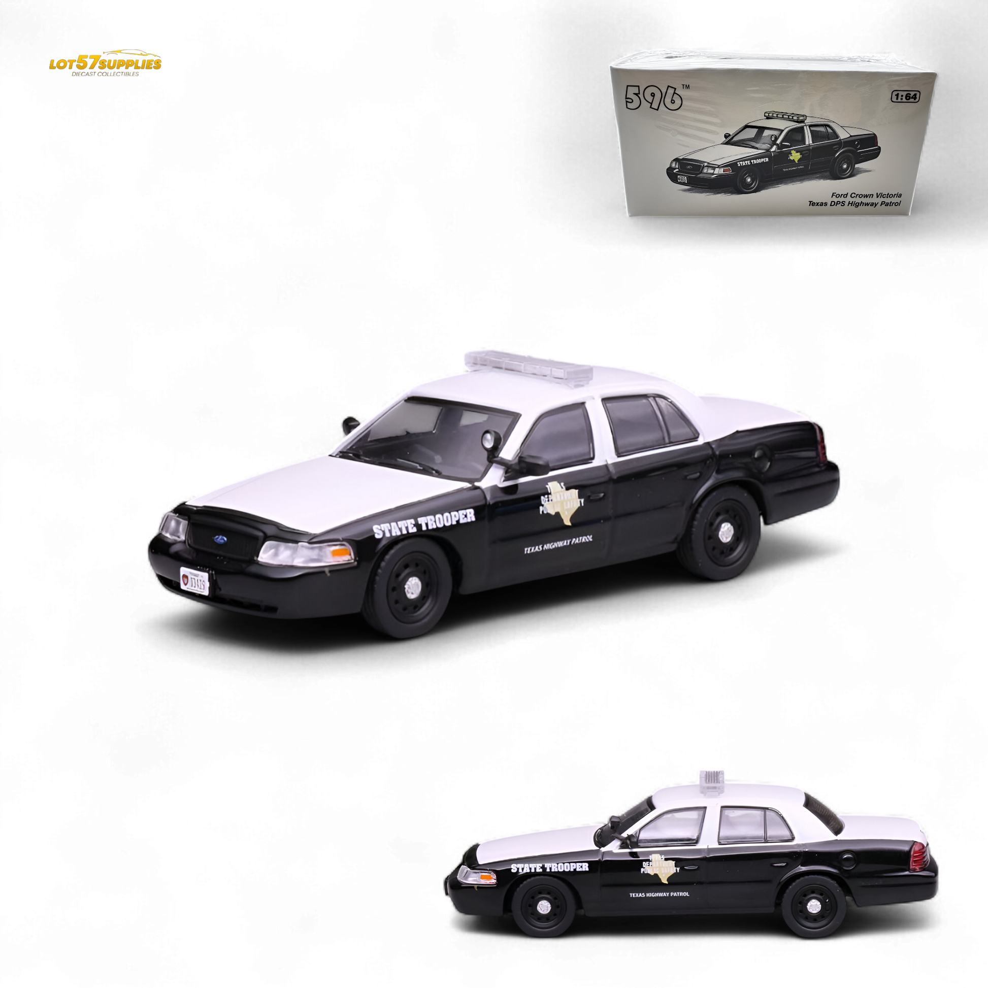 Model police car with 'State Trooper' text on a white background, featuring a Bburago branding box.