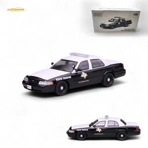 Model police car with 'State Trooper' text on a white background, featuring a Bburago branding box.