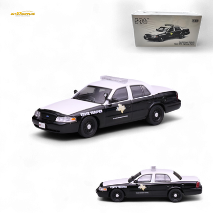 Model police car with 'State Trooper' text on a white background, featuring a Bburago branding box.