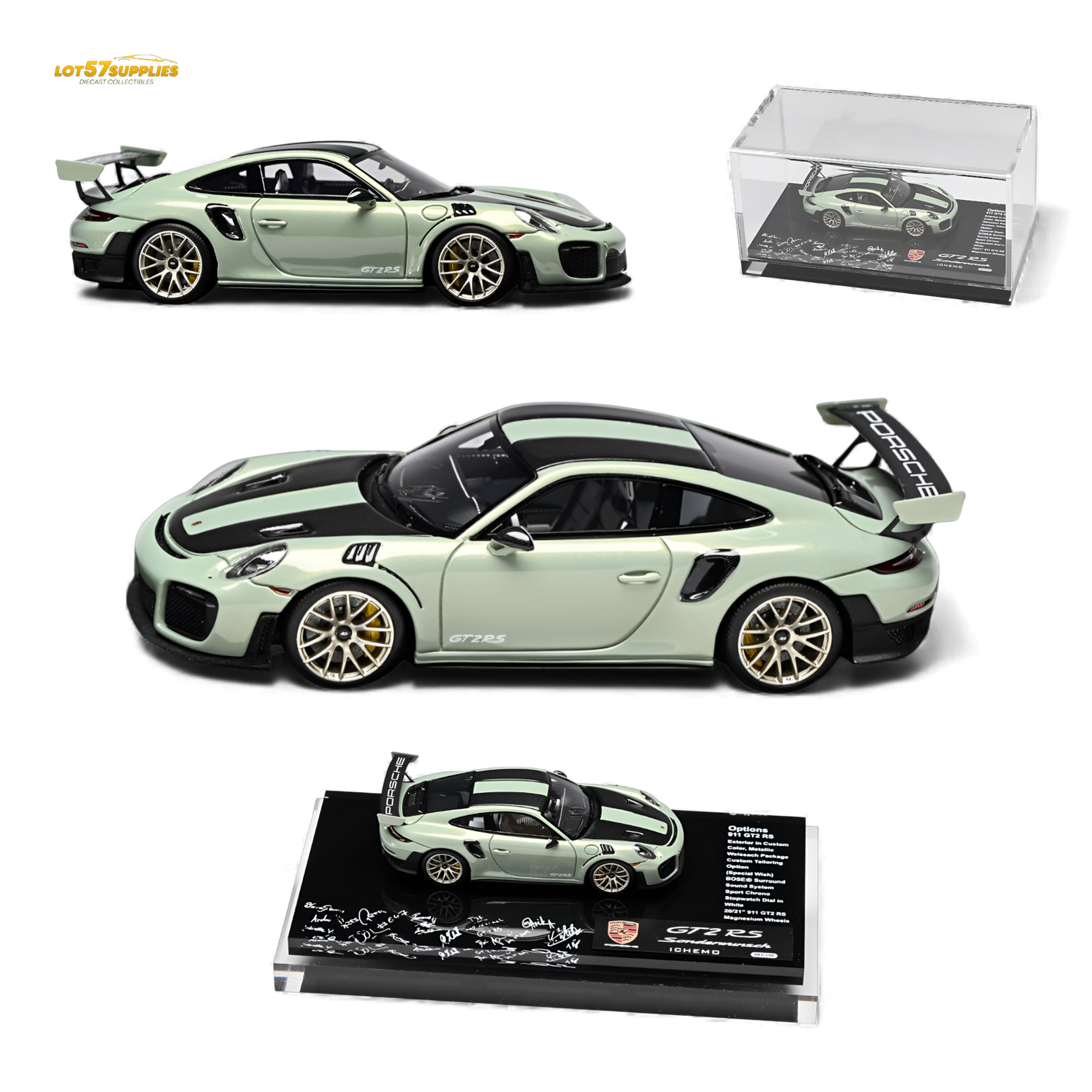 Green Porsche model car with open doors on a white background