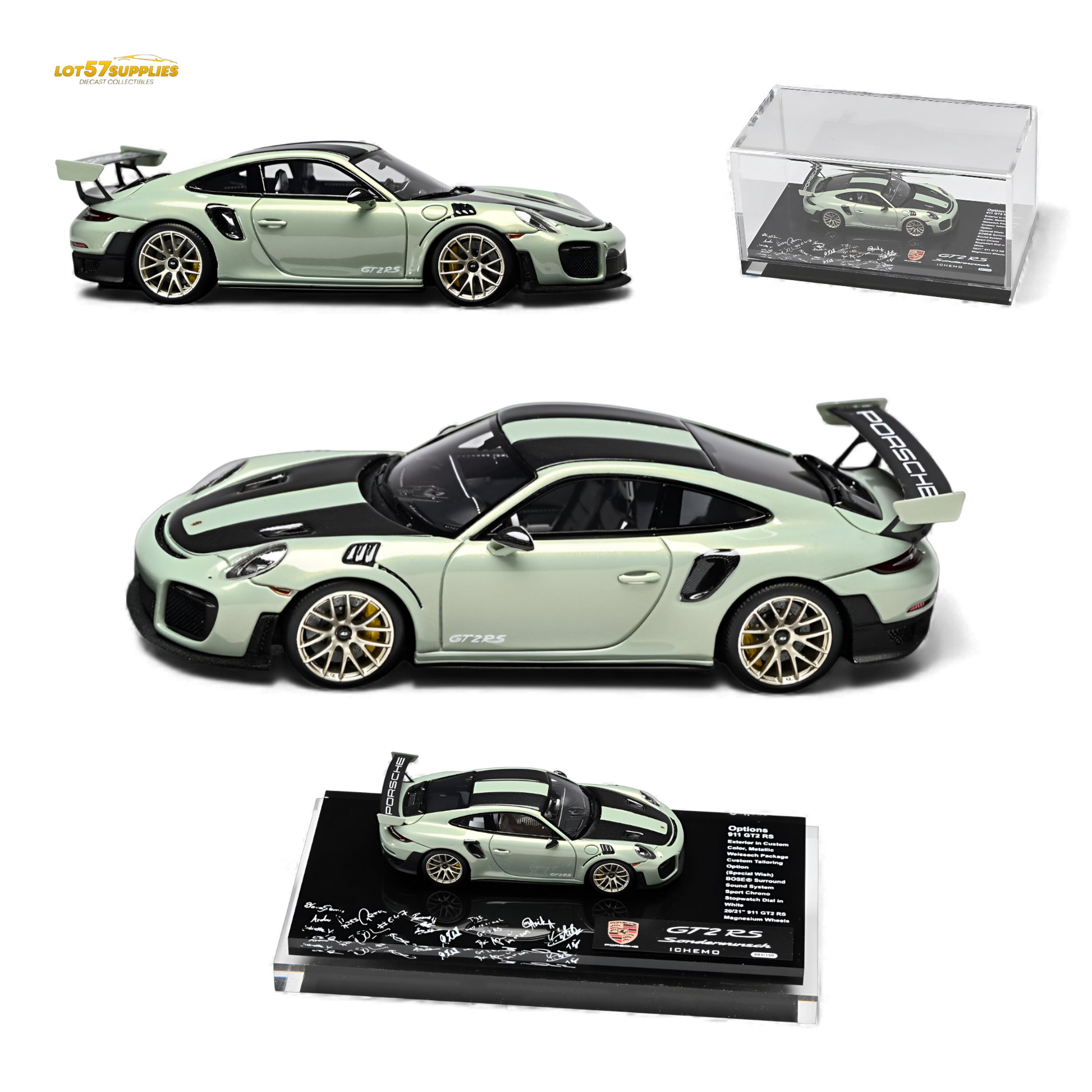 Green Porsche model car with open doors on a white background