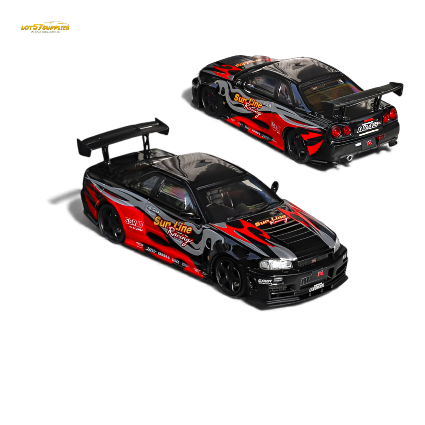 Fuji Nissan Skyline R34 GT-R Nismo Z-Tune Black Red Flame 1:64 Diecast Model