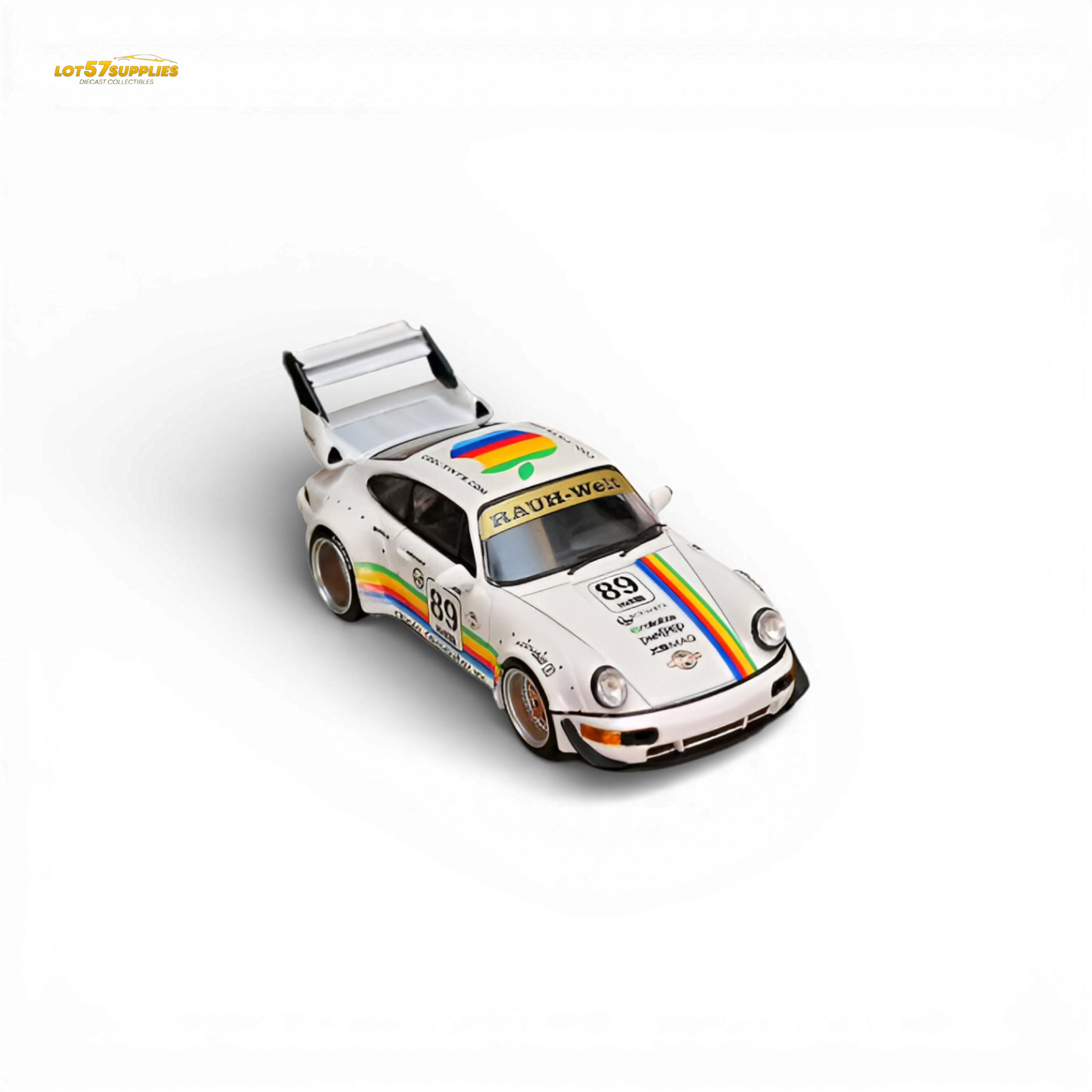 SW RWB 964 Wide-Body White Apple 1:64 scale diecast model car front quarter view