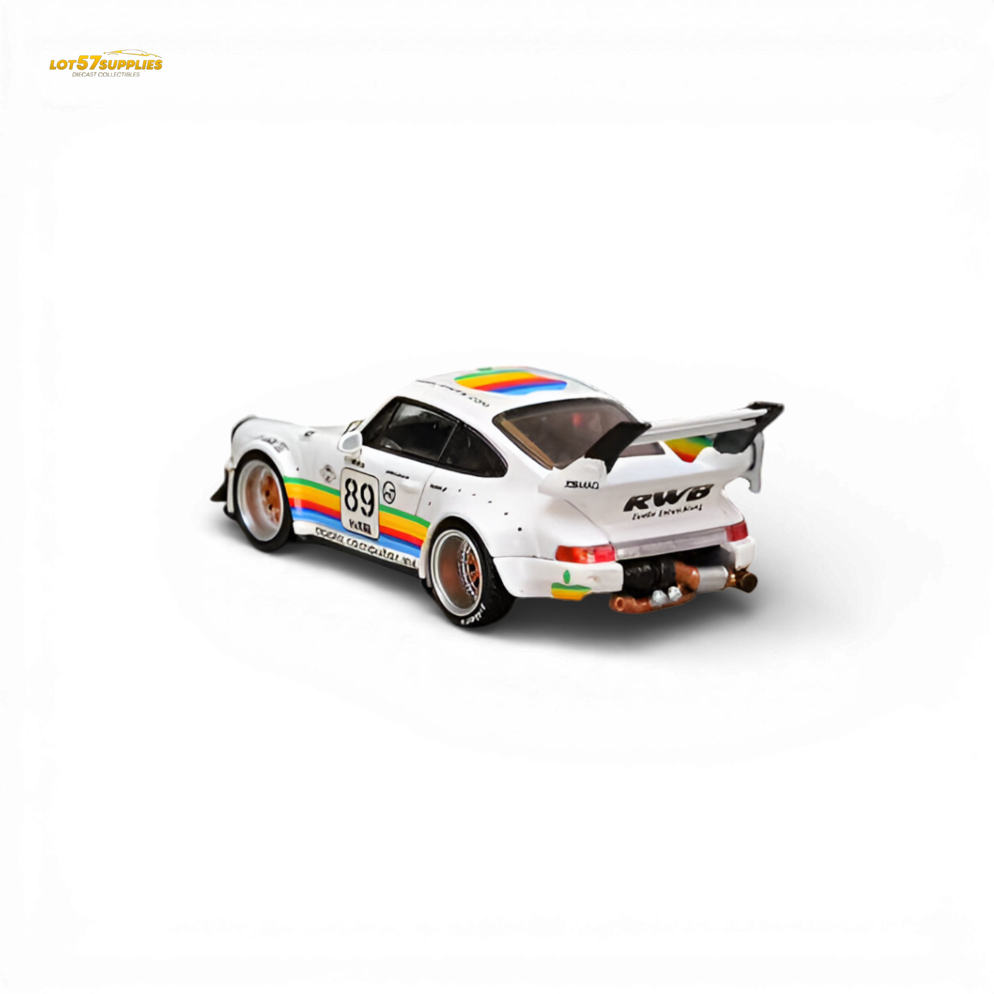 SW RWB 964 Wide-Body White Apple 1:64 scale diecast model car rear quarter view