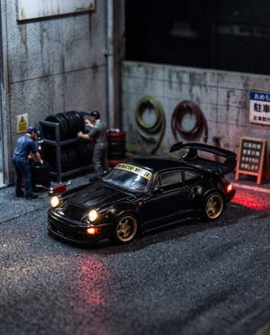 Lot57Supplies Diecast Shop TimeMicro 964 RWB diecast model car in black with gold wheels, 1:64 scale