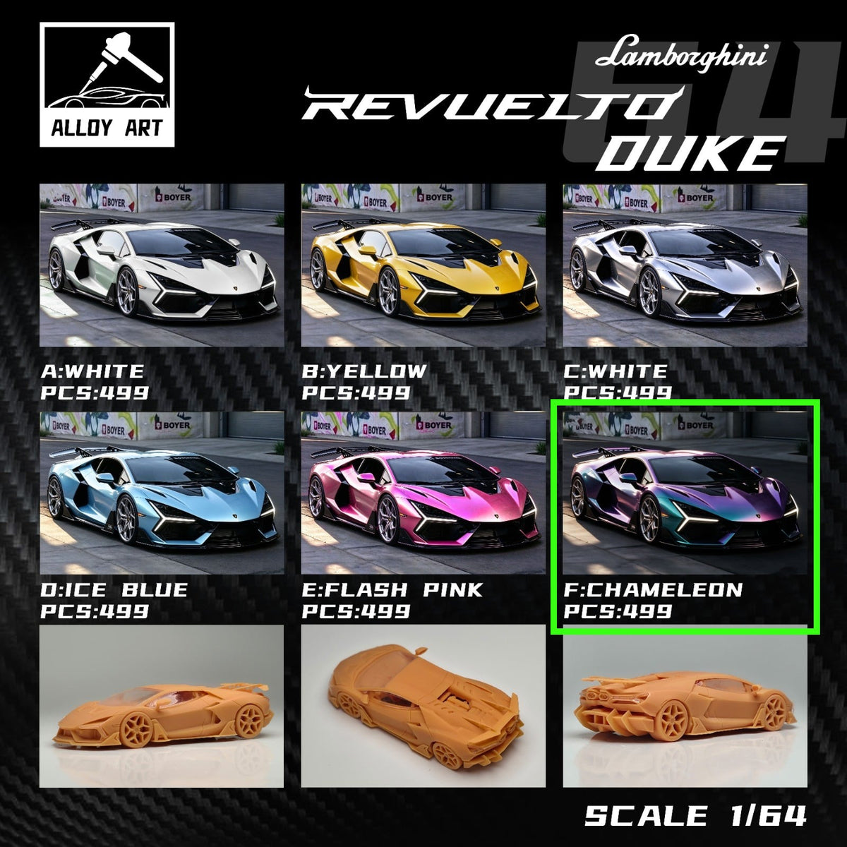 Alloy Art Lamborghini Revuelto Duke Modified CHAMELEON 1:64 diecast model, six-colour grid with Chameleon outlined