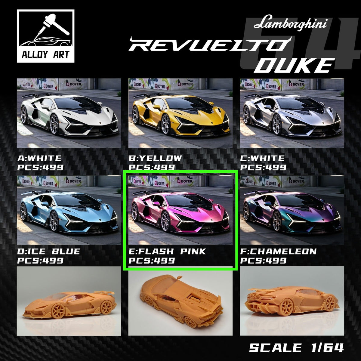 Alloy Art Lamborghini Revuelto Duke Modified FLASH PINK 1:64 diecast model, six-colour grid with pink highlighted