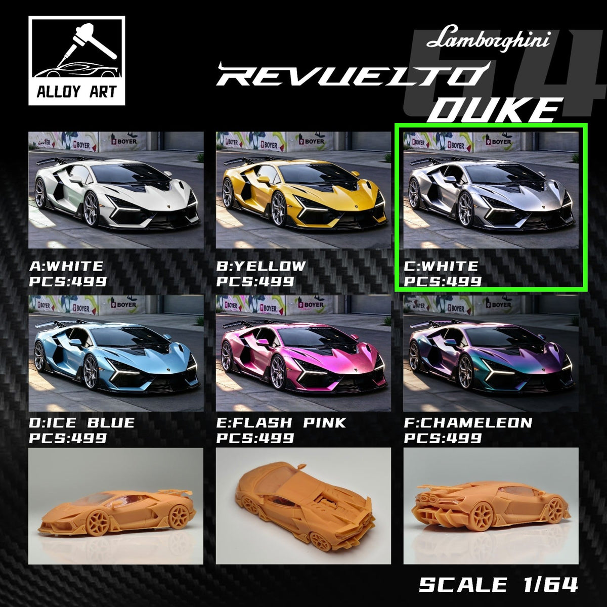Alloy Art Lamborghini Revuelto Duke Modified Silver Gray 1:64 diecast, six-colour grid with Silver Gray highlighted