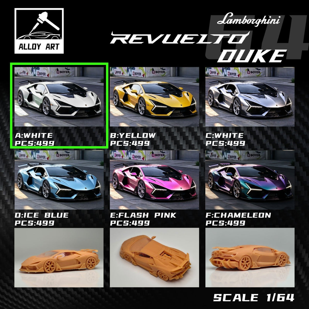 Alloy Art Lamborghini Revuelto Duke Modified WHITE (Ltd 499) 1:64 diecast, six-colour grid with resin prototypes