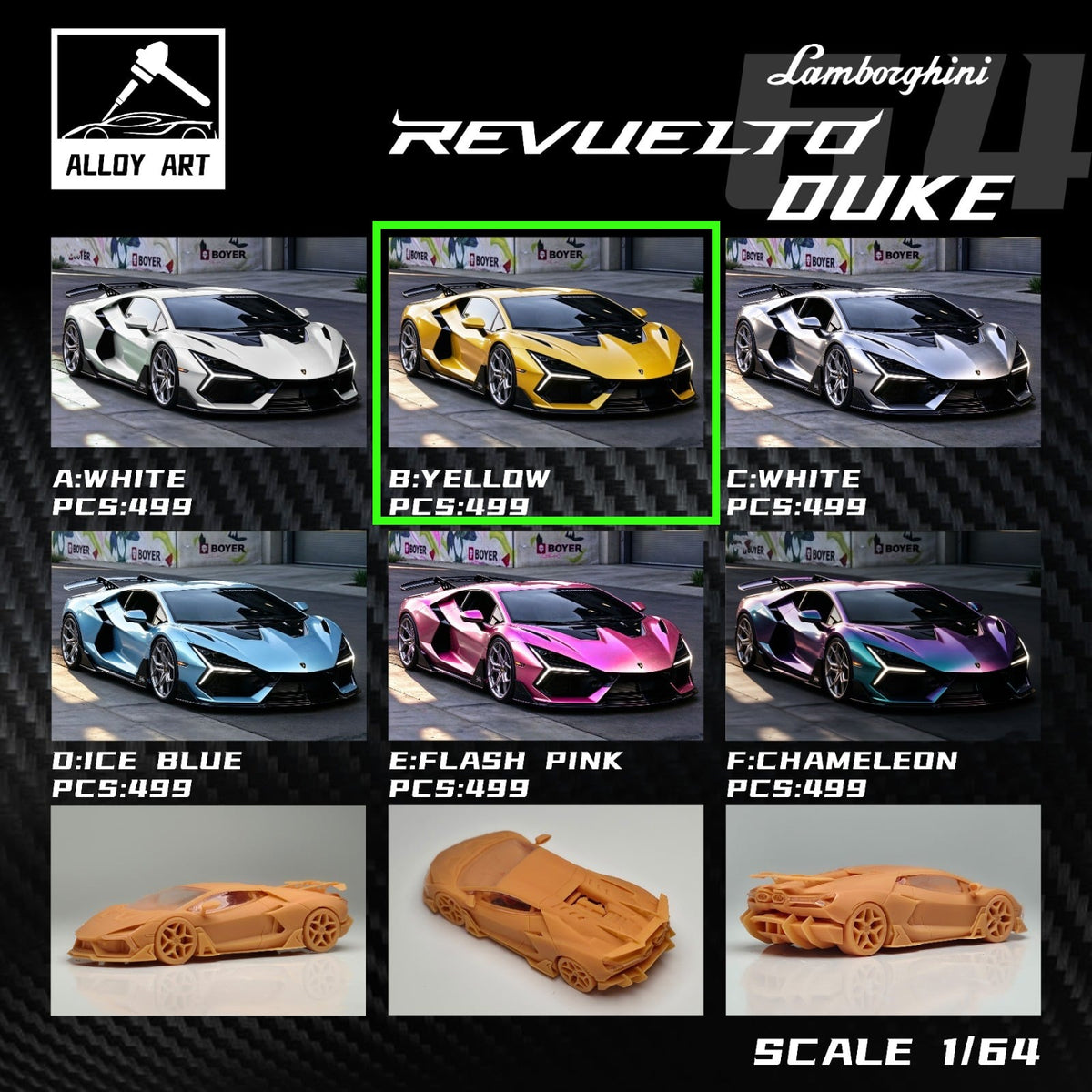 Alloy Art Lamborghini Revuelto Duke Modified YELLOW (Ltd 499) 1:64 diecast, colourway grid with yellow highlighted