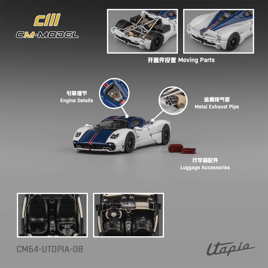 (Pre-Order) CM Model Pagani Utopia - Bianco Benny w/ Blu Francia Carbon 1:64